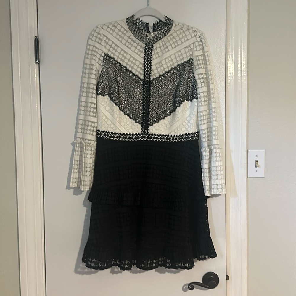 Gianni Bini Womens Black White Lace Long Bell Sleeve Dress Size Large